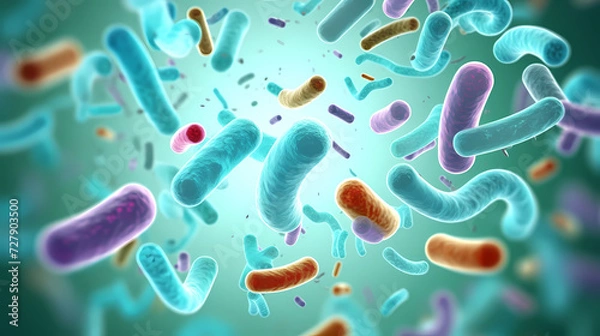 Fototapeta Various shapes of bacteria, probiotics under microscope, science, medicine concept background