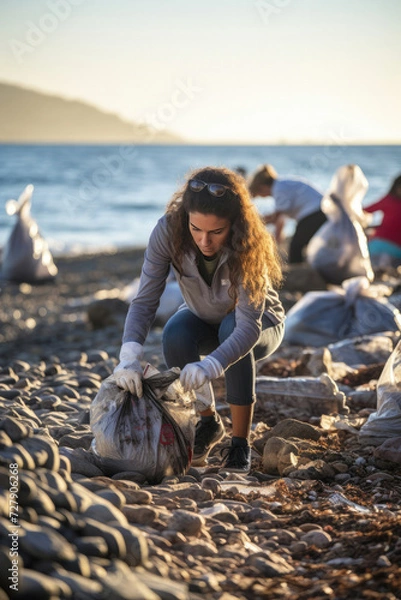 Obraz Young woman volunteering for beach cleanup on a sunny day highlighting community engagement and environmental conservation