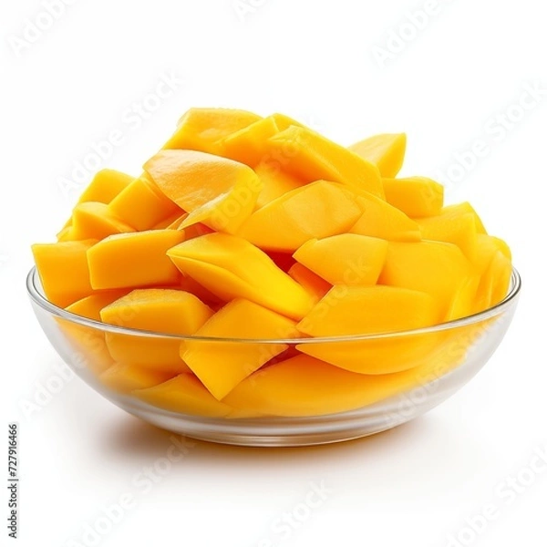 Fototapeta Mango slices in a bowl on a white background. Selective focus.