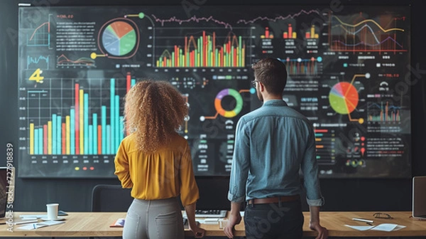Fototapeta Strategic marketing plan displayed on office wall with vibrant symbols, guiding the team towards goals. Icons convey key strategies for unified success.