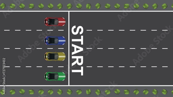 Fototapeta top view flat cartoon of race car vehicle with track racing start and finish line point