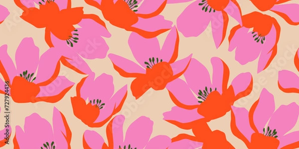 Obraz Exotic hand drawn flowers, seamless patterns with floral for fabric, textiles, clothing, wrapping paper, cover, banner, home decor, abstract backgrounds. Vector illustration.