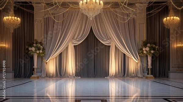 Fototapeta 3D rendering of a classic interior with curtains and a stage.