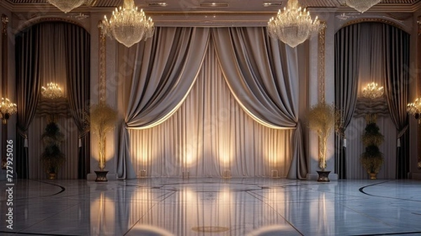 Fototapeta 3D rendering of a classic interior with curtains and a stage.