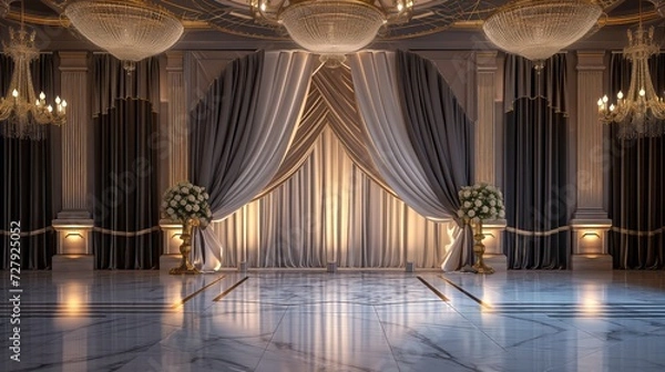 Fototapeta 3D rendering of a classic interior with curtains and a stage.