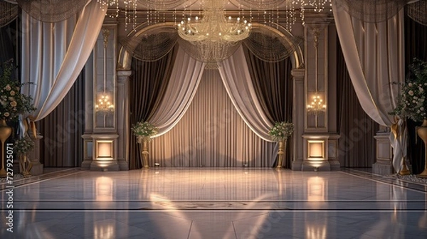 Fototapeta 3D rendering of a classic interior with curtains and a stage.