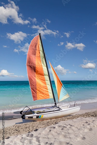 Fototapeta Colorful sailing catamaran on the beach of the Varadero -  Cuba.
Turquoise blue Atlantic water and blue sky with white clouds.