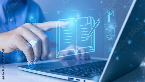 Obraz learning online concept.Man hand using laptop computer study e-learning online education training for personal development and Professional.study online, Digital courses to develop new skills.