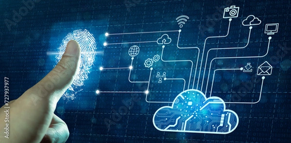 Fototapeta Businessman fingerprint scan on network connection with technology background. Cloud computing, Cyber Security, Data Protection, and network security Concept.