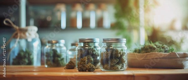 Fototapeta Cannabis buds in jars on display, indicating a shift towards natural remedies