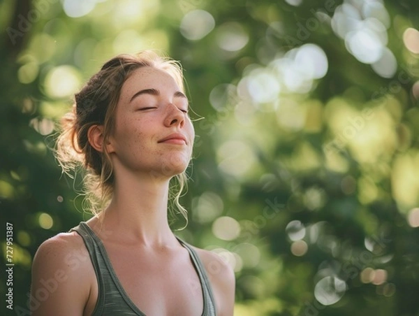 Obraz Peaceful Young Caucasian Woman Enjoying Nature with Eyes Closed, Sunlit Hair, Freckles, and Serene Expression, Wearing Olive Green Tank Top Surrounded by Lush Greenery