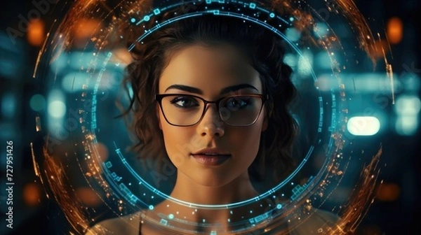 Fototapeta Hi-tech eyeglass, attractive woman wearing high technology glasses with Data line icon on eyeglasses and voice assistance function, generative ai