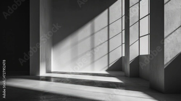 Fototapeta abstract. minimalistic background for product presentation. walls in  large empty room greyish white. can full of sunlight. Loft wall or minimalist wall. Shadow, light from windows to plaster wall.
