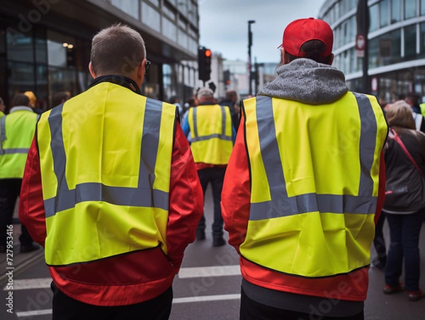 Obraz Group of striking workers wearing yellow safety waistcoats in the workplace