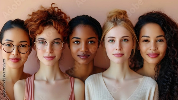 Fototapeta This image captures a serene moment as a group of five diverse young women stand closely, showcasing unity and diversity.