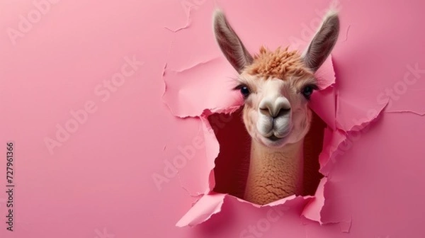 Fototapeta Funny lama peeks out through hole in the paper pink background, surprised wonder, creative minimal concept. Lama amazed for sale, poster, shopping, advert, veterinary clinic.