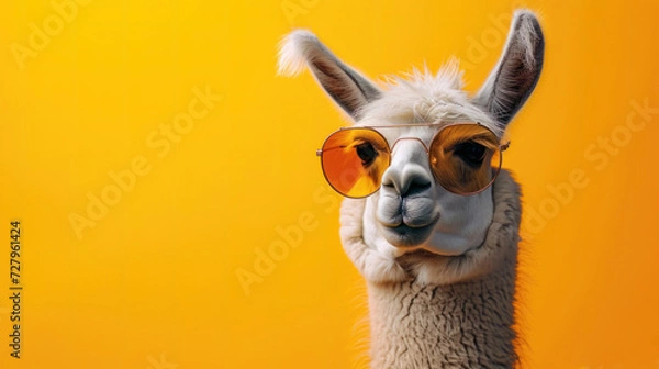 Fototapeta Funny lama in sunglasses, creative minimal concept on yellow background. Hipster lama in fashionable outfit for sale, shopping, advert