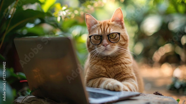 Fototapeta Cute cat call center worker, online support worker in headphones with laptop. Cat working outside. Funny creative concept for advert, poster, app, web