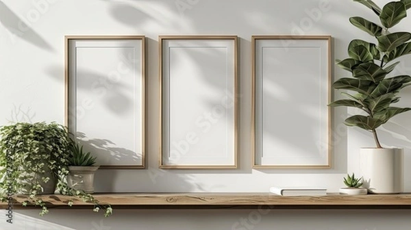 Fototapeta Three photo frame mockup on shelf.