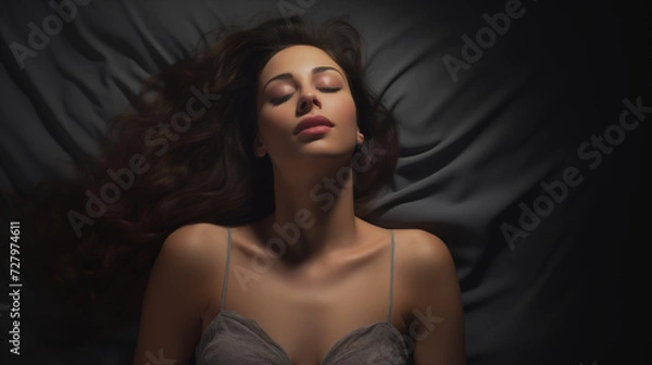 Fototapeta Close up of a beautiful woman peacefully sleeping on a dark background