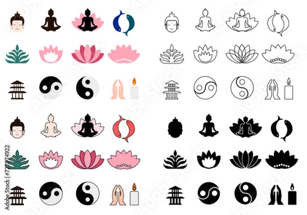 Obraz 불교 아이콘. 종교와 불심 오리엔탈리즘 동양의 종교 행사 아이콘과 일러스트 세트