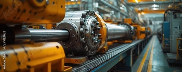 Fototapeta Heavy Machinery at Work Inside a Large Factory Illuminated by the Warm Glow of Afternoon Light, Showcasing Industrial Precision and Technology
