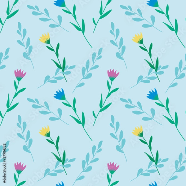 Fototapeta Seamless pattern with flat flowers on a blue background.