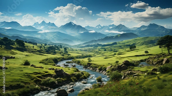 Obraz Captivating Vistas: Exploring the Majestic Wilderness of Mountains, Lakes, and Valleys amidst Serene Nature, generative AI