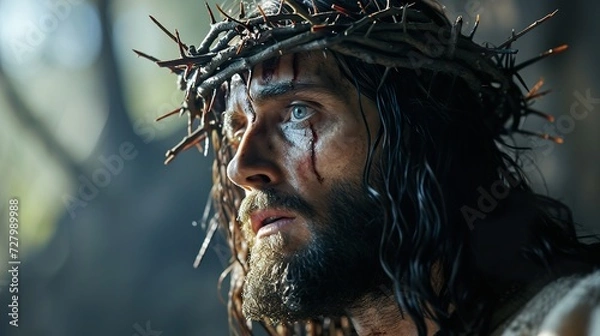 Fototapeta Portrait of Jesus Christ during the Way of the Cross. Ai generative