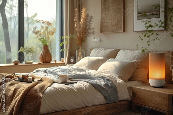 Fototapeta A cozy bedroom suite in a boutique hotel with a bed adorned with luxurious linens, a tray of food, and a warm lamp casting a soft glow on the wall