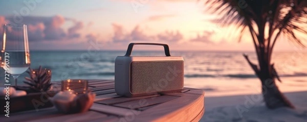 Fototapeta A luxury portable travel speaker on a beachside table during sunset, ideal for marketing leisure tech in the context of quiet luxury travelling.