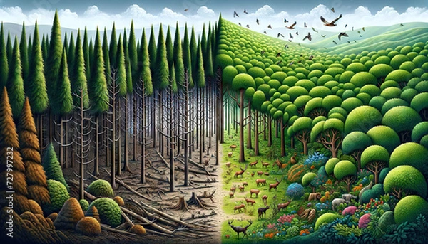 Fototapeta Changes in the Landscape due to the deforestation of forests, a portrait of the destruction of the environment