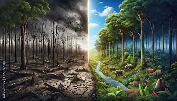 Fototapeta Changes in the Landscape due to the deforestation of forests, a portrait of the destruction of the environment