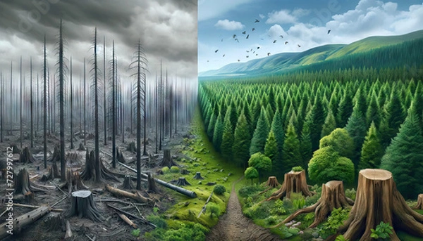 Fototapeta Changes in the Landscape due to the deforestation of forests, a portrait of the destruction of the environment