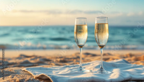 Fototapeta Two glasses of champagne on a cloth at the sandy beach with the sea in the background, reflecting the sun