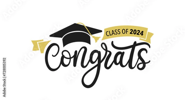 Fototapeta Congratulations graduates vector illustration. Class of 2024 trendy design template with graduation cap and lettering isolated on white background. Grad ceremony hand drawn typography concept.
