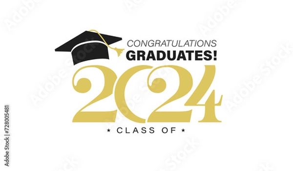 Fototapeta Class of 2024 graduation typography template. Congratulations graduates celebration design for college, high school, university. Tassel and cap vector illustration. Educational milestone graphic art.