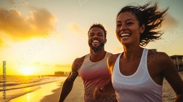 Fototapeta The photograph captures the exhilarating sight of two young men sprinting along the sandy beach, their athletic prowess on full display as they engage in a spirited game.