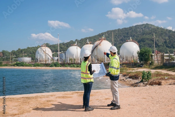 Fototapeta Two engineers in safety gear with blueprints discussing work in front of industrial storage tanks on a clear day.