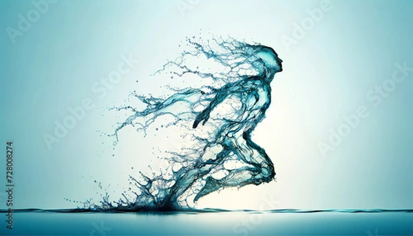 Fototapeta Dynamic water splash forming a human-like figure in motion against a calm blue background, representing movement, fluidity, and the ephemeral nature of life.AI generated.