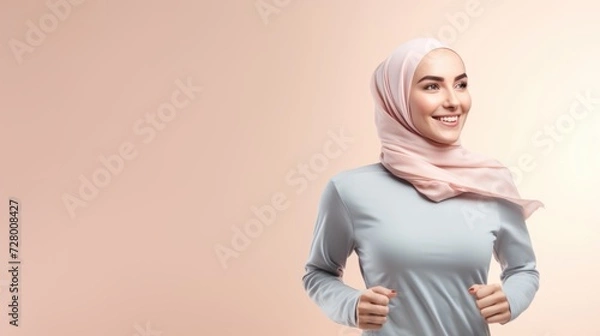 Fototapeta A captivating woman in a tracksuit and hijab exudes diversity and embraces a Middle Eastern healthy lifestyle through running.
