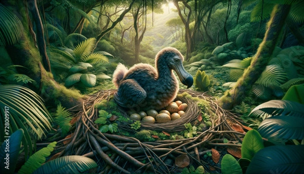 Obraz A dodo hatching eggs on the floor