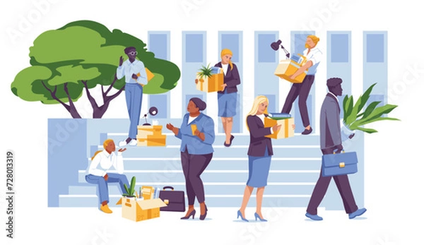 Fototapeta A crowd of various laid-off workers on the steps of a building. Holds boxes of papers with personal belongings. Business and work crisis concept. Vector flat illustration