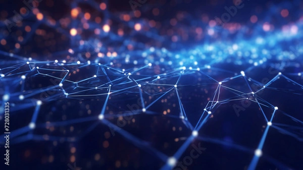 Obraz Abstract technology connected internet network with polygonal multicolored dots and lines with dark blue background. Digital cybersecurity protection and big data visualization. internet of things.