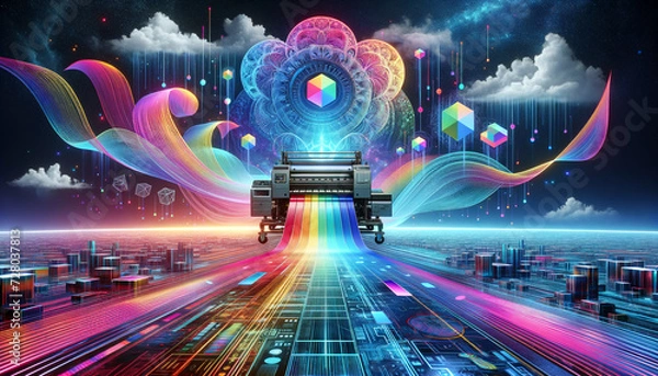 Obraz Surreal Digital Printscape: Vibrant CMYK Ink Waves in a Cyber Realm