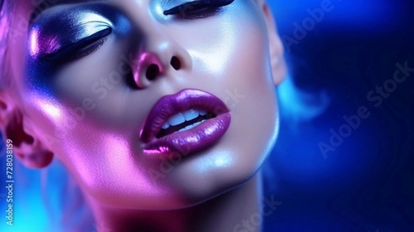 Fototapeta High fashion model with metallic silver lips and woman face in colorful bright neon ultraviolet blue and violet lights, posing in studio. Bright neon makeup.