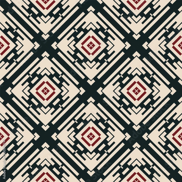 Fototapeta Trendy abstract geometric seamless  pattern in white black red, vector seamless, can be used for printing onto fabric, interior, design, textile