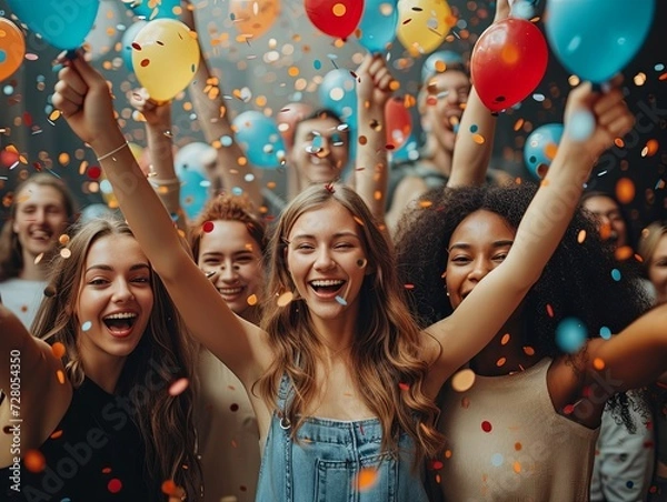 Obraz Group of People Holding Balloons and Confetti