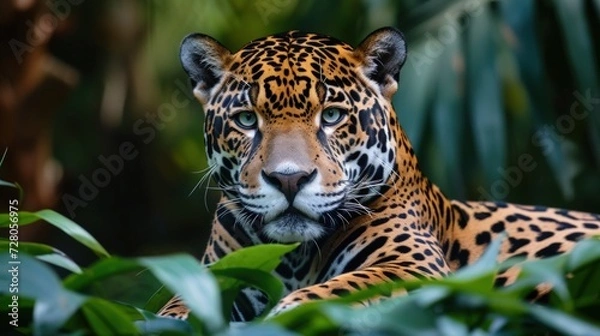 Fototapeta Portrait of a Jaguar in the American forest, Panthera is a species of wild cat. generative AI image