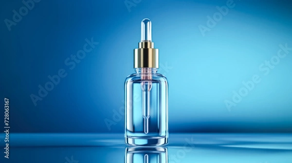 Fototapeta Elevate your skincare routine with a glass bottle featuring a pipette on a soothing light blue background. A chic and calming image for beauty and cosmetic concepts.